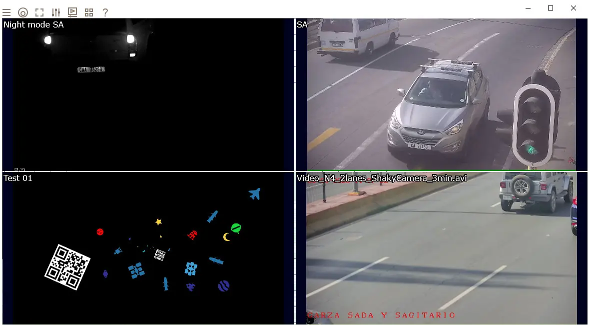 The real VISEC window showing four camera views at once, including a night view and a street view